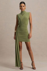Sorenna | Olive High-Neck Mini-Dress With Wrap And Sash Detail