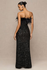 Daze | Black Sequin Bandeau Maxi Dress With Feather-Trim