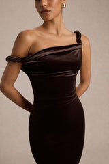 Carella | Brown Velvet Twisted Asymmetric Midi Dress