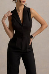 Trixie | Black Plunge-Neck Tailored Jumpsuit
