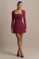 Bijou | Burgundy Square-Neck Lace Long-Sleeve Mini Dress