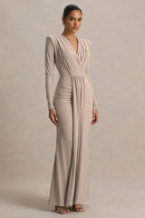 Flashy | Champagne Plunge-Neck Maxi Dress With Ruched Detailing