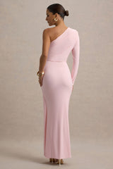 Sanya | Blush Pink Asymmetric One Sleeve Wrap Maxi Dress with Drape