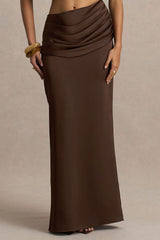 Megan | Brown Satin Wrap Maxi-Skirt With Gathered Detailing