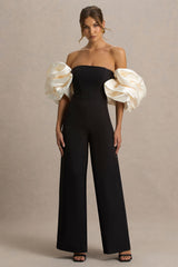 Panama | Black Bardot Jumpsuit With Cream Puff Sleeves
