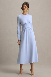 Cassiopeia | Light Blue Long-Sleeve Midi Dress With Cross Waist