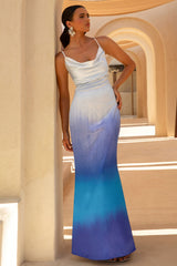 Fiji | Blue Ombre Satin Cowl-Neck Strappy Slip-Maxi Dress