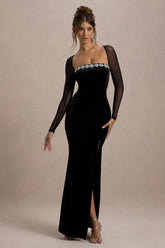 Ashby | Black Velvet Embellished Square-Neck Split Maxi Dress