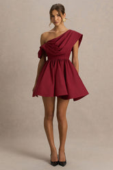 Verona | Burgundy Draped Asymmetric-Neck Skater Mini Dress