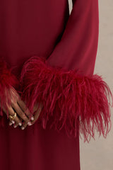 Adella | Burgundy Satin Feather-Trim Maxi Dress