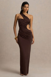 Serefine | Brown Asymmetric-Neck Maxi Dress With Body Cut-Out