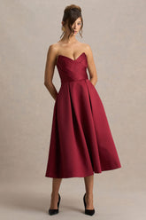 Promises | Burgundy Satin Sweetheart-Neck Midi Dress