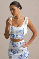 Phoebe | Blue Porcelain Print Crop Top With Tie Straps Tie