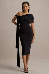 Vallea | Black One-Shoulder Draped Midi Dress