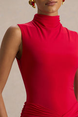 Cascade | Red High-Neck Maxi Dress With Twist Detail