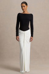 Matilda | Black And White Boat-Neck Maxi Dress With Ruched Detailing