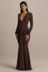 Saffie | Chocolate Extreme-Plunge Wrap Maxi Dress With Long-Sleeves And Ruched Detailing
