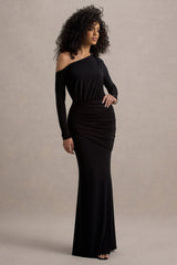 Deanna | Black Asymmetric Long-Sleeve Ruched Maxi Dress