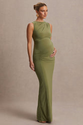 Raven | Olive Boat-Neck Maternity Maxi Dress With Gathered-Detailing