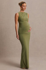 Raven | Olive Boat-Neck Maternity Maxi Dress With Gathered-Detailing