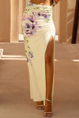 Stassi | Lilac Floral Placement Print Ruched Split Maxi Skirt