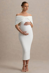 Droplet | White Bow Bardot Maternity Midi Dress