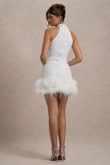 Lumi | White Sequin High-Neck Feather Trim Mini Dress