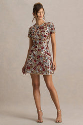 Eira | Red Floral Embellished Sequin Crew-Neck Mini Dress