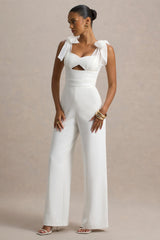 Claudelle | White Flared-Leg Jumpsuit With Organza Bow Straps