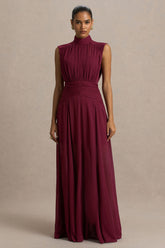 Melanina | Burgundy High-Neck Maxi Dress With Ruched Detailing