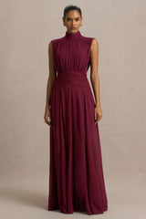 Melanina | Burgundy High-Neck Maxi Dress With Ruched Detailing