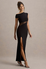 Emily | Black Asymmetric Split Maxi Dress With Mesh Detailing