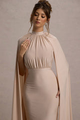 Darielle | Champagne High-Neck Cape-Sleeve Maxi Dress
