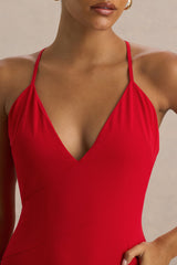 Bogota | Red Plunge-Neck Maxi Dress With Ruffling Details And Front High Split