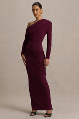 Perrie | Burgundy Asymmetric-Neck Maxi Dress With Ruched Detailing