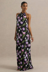 Svana | Black Satin Floral Asymmetric Halter-Neck Maxi Dress