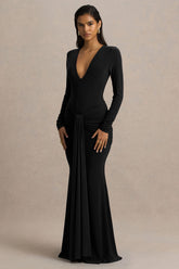 Saffie | Black Extreme-Plunge Wrap Maxi Dress With Long-Sleeves And Ruched Detailing