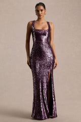 High Life | Plum Sequin Square-Neck Maxi Dress With Front-High Split