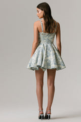 Seashell | Light Blue Jacquard Embellished Sweetheart-Neck Skater Mini Dress