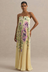 Bergamot | Lemon Rose Print Satin Sweetheart Maxi Dress