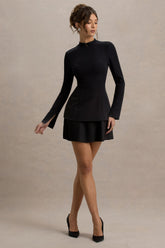 Athena | Black Long-Sleeve Mini Dress With Pleated Hem