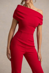 Alexandra | Red Asymmetric-Neck Draped Jumpsuit