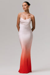 Lucie | Red Ombre Satin Cowl-Neck Maxi Dress