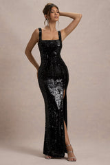 High Life | Black Sequin Square Neck Split Front Maxi Dress