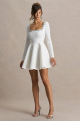Astonish | White Long-Sleeve Embellished Square-Neck Mini Dress With Volume Skirt