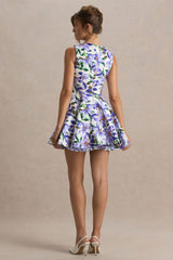 Gabrielle | Purple Lily Print Boat-Neck Skater Mini Dress