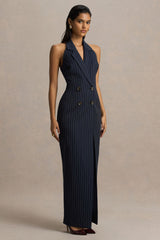 Eve | Navy Pinstripe Plunge-Neckline Tailored Maxi Dress
