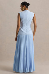 Heavenly | Powder Blue High Neck Maxi Dress With Pleated Detailing