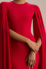 Briony | Red Crew-Neck Maxi Dress With Cape Sleeves