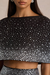 Luxy | Black Embellished Boat-Neck Crop-Top With Cape-Sleeves